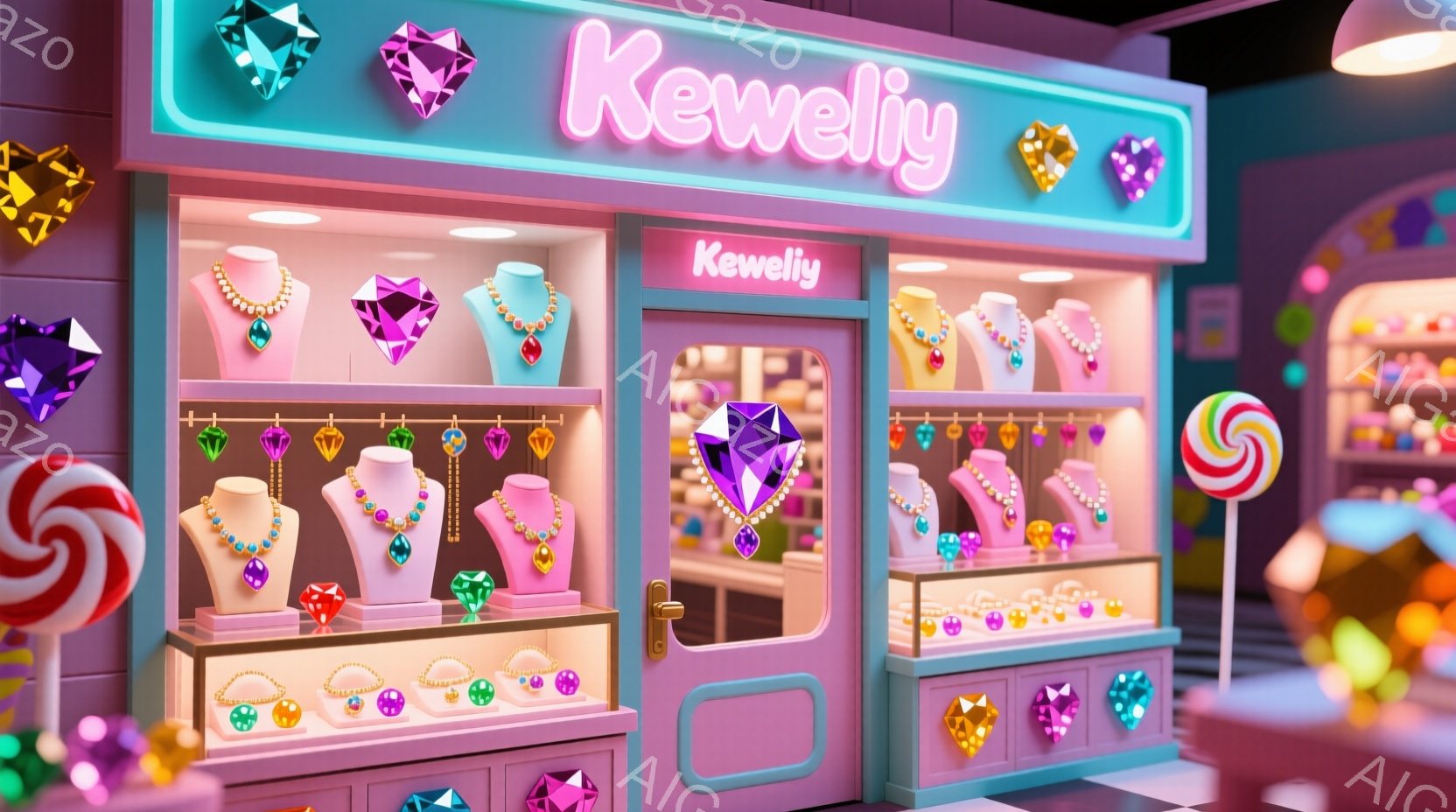 鮮やかなピンク色の宝石店が描かれており、ショーケースにはカラフルなネックレスやブレスレットが並んでいます。 店の看板には「Kewely」と書かれており、全体的にキャンディのような甘くて楽しい雰囲気が漂っています。 周囲には巨大な渦巻きキャンディや宝石が配置されており、夢のような空間を演出しています。