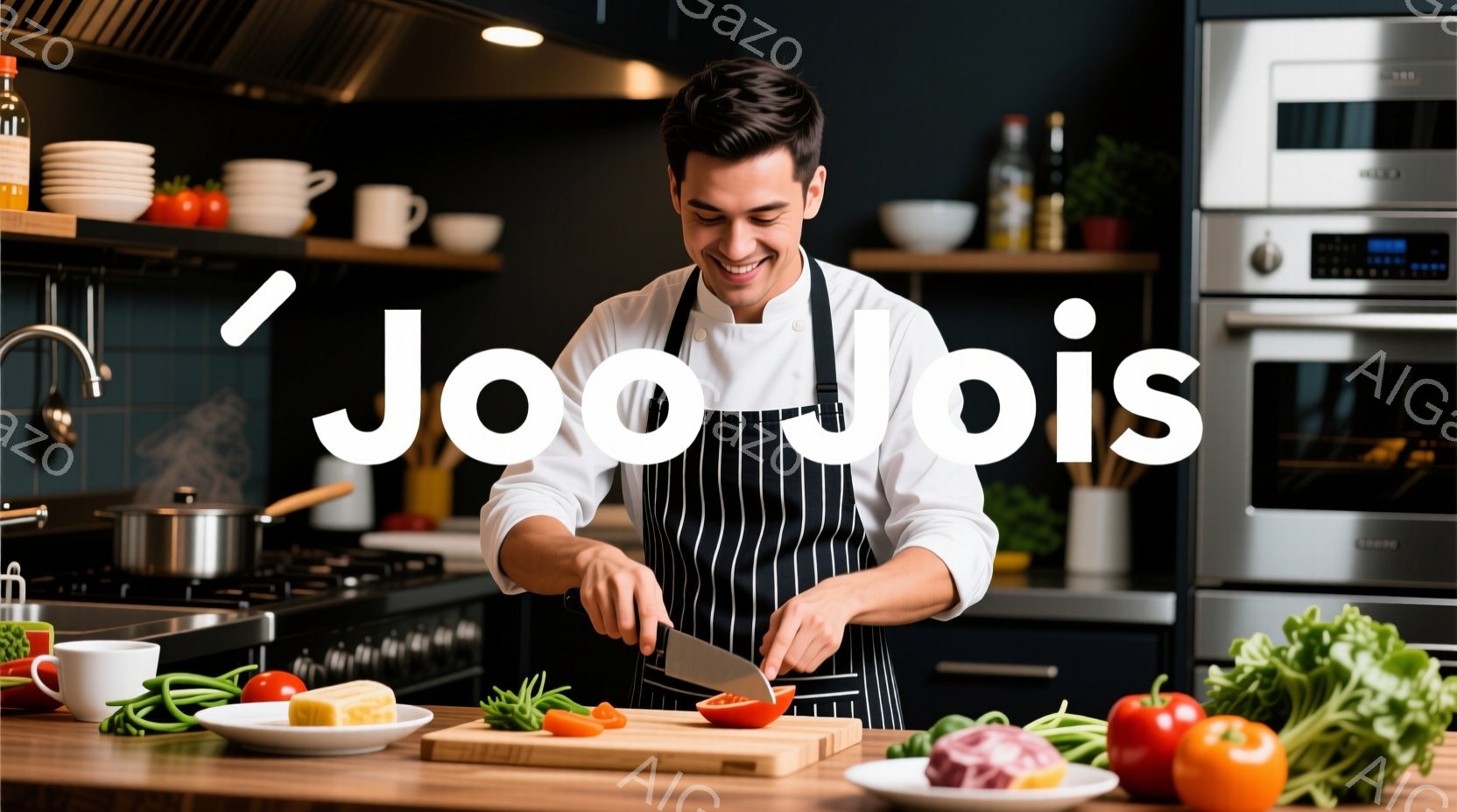 白いシャツとストライプのエプロンを着た男性が、キッチンで野菜を切っています。彼は笑顔で、集中して包丁を扱っており、姿勢はリラックスしています。背景には、ステンレス製のキッチン設備や調理器具、そして明る - AI生成フリー素材