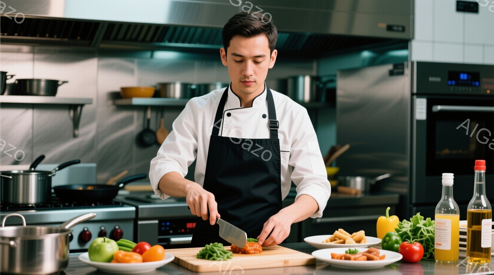 白いコックコートと黒いエプロンを身につけた男性が、緑色の豆をまな板の上で包丁で細かく刻んでいる。彼は真剣な表情で調理に集中しており、姿勢はとても几律で丁寧だ。背景には調理器具や食材が並び、プロの厨房の様子が伺える、清潔感のある雰囲気である。