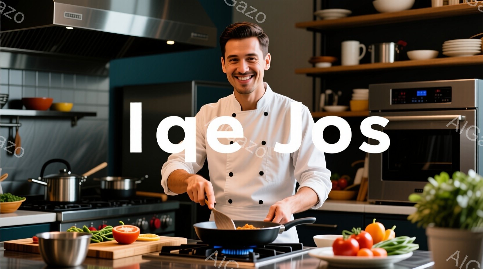 白いコックコートを着た男性がキッチンでフライパンを操っている。彼は笑顔で、髪は短く整えられている。背景には調理器具や食材が並び、明るく清潔感のあるキッチン全体が、食欲をそそる雰囲気を醸し出している。