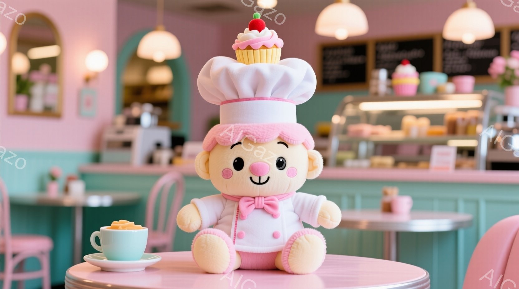 明るいピンク色のカフェのテーブルに、シェフ帽をかぶったふわふわのぬいぐるみのおもちゃが座っています。笑顔で、白いシェフの制服を着ており、背景にはパステルカラーのインテリアとショーケースに並んだケーキが見えます。全体的に、可愛らしく、温かい雰囲気のカフェの内部が表現されています。