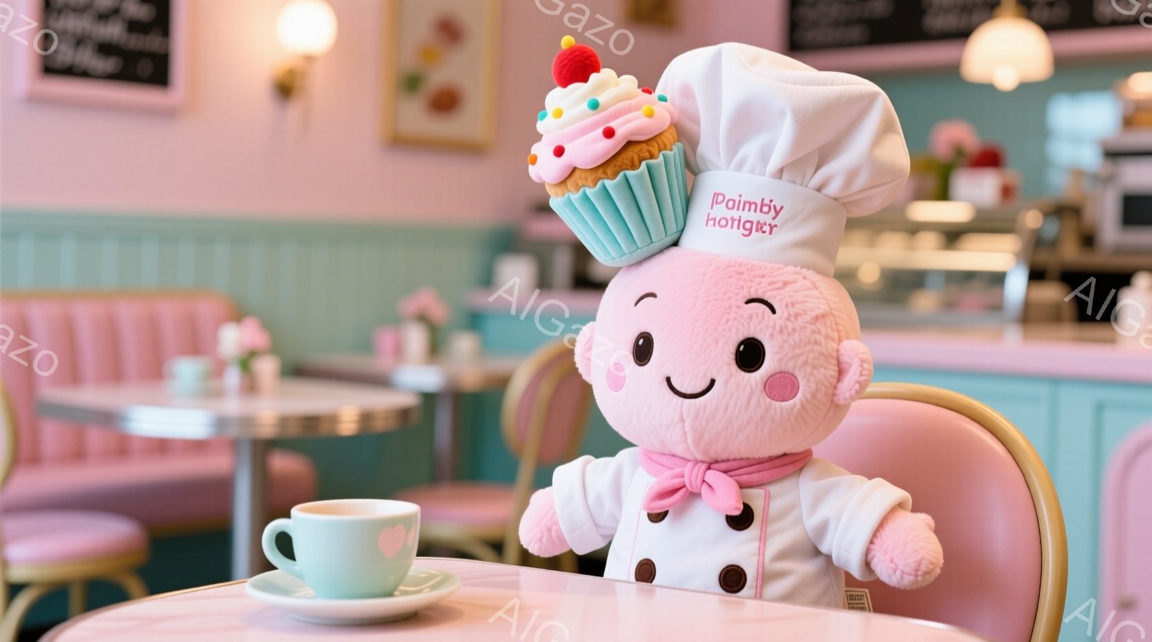ピンク色のぬいぐるみのようなキャラクターが、パティシエ風の帽子とエプロンを着て、カフェのテーブルに着席している。キャラクターは微笑んでおり、テーブルの上には淡い緑色のカップとソーサーが置かれている。背 - AI生成フリー素材