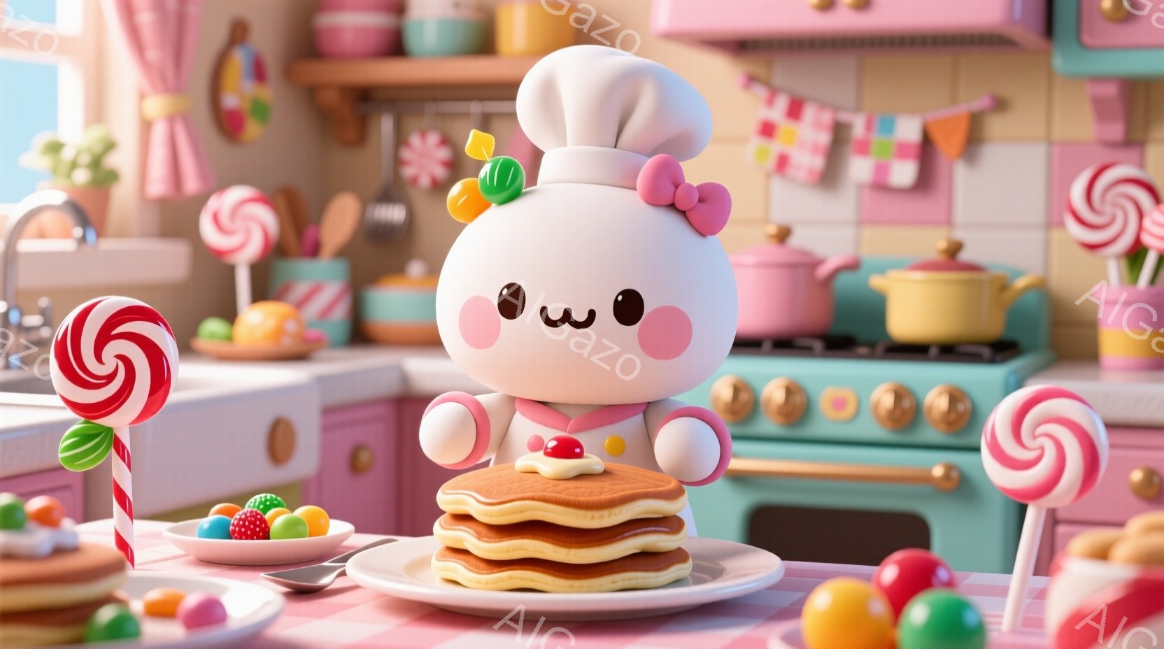 丸いクリーム色のキャラクターがパンケーキの山の上に立っており、頭にはシェフハット、頬には赤いりんごが乗せられています。背景はピンクと白のチェック柄のテーブルクロスが敷かれたキッチンで、キャンディや果物、調理器具が置かれ、全体的にパステルカラーで可愛らしい雰囲気です。このキャラクターはつぶらな瞳で微笑み、どこか愛らしい表情をしています。