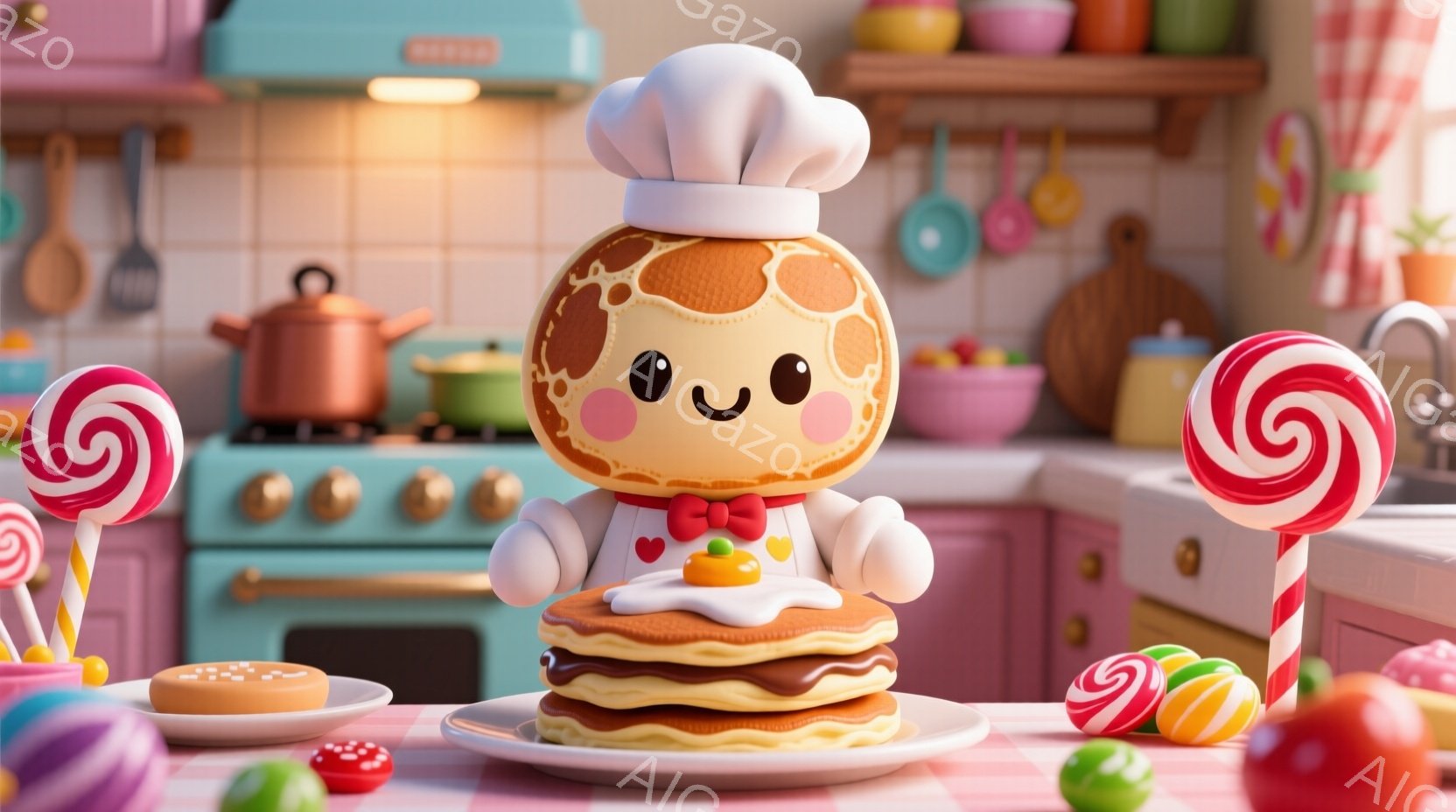 暖かく明るいキッチンを舞台に、パンケーキのキャラクターが料理人の格好をして立っています。大きな笑顔と丸い頬を持ち、頭にはコック帽、首には赤いリボンをつけています。背景には、カラフルな鍋や食器、キャンディなどが置かれ、全体的に可愛らしく、お菓子のような雰囲気です。