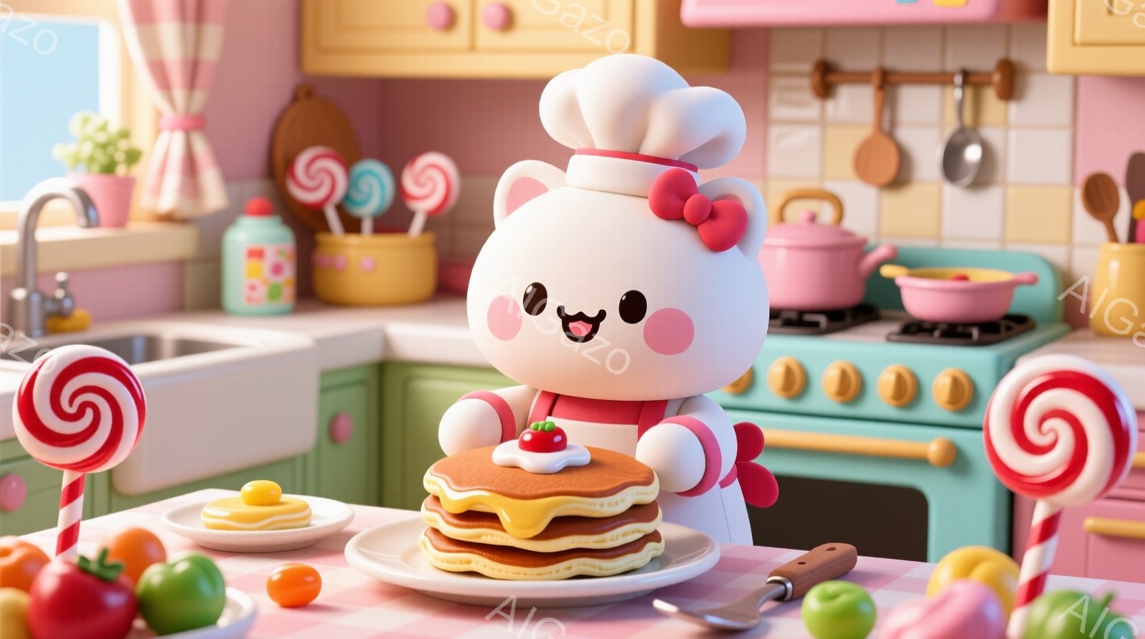 かわいいキャラクターが、積み上げられたパンケーキの前に立っています。そのキャラクターは、ピンクのリボンが付いた白いコック帽をかぶり、赤いシャツを着ています。背景には、明るい緑色のキッチン、調理器具、キャンディー、果物が散りばめられ、全体的に明るく楽しい雰囲気です。