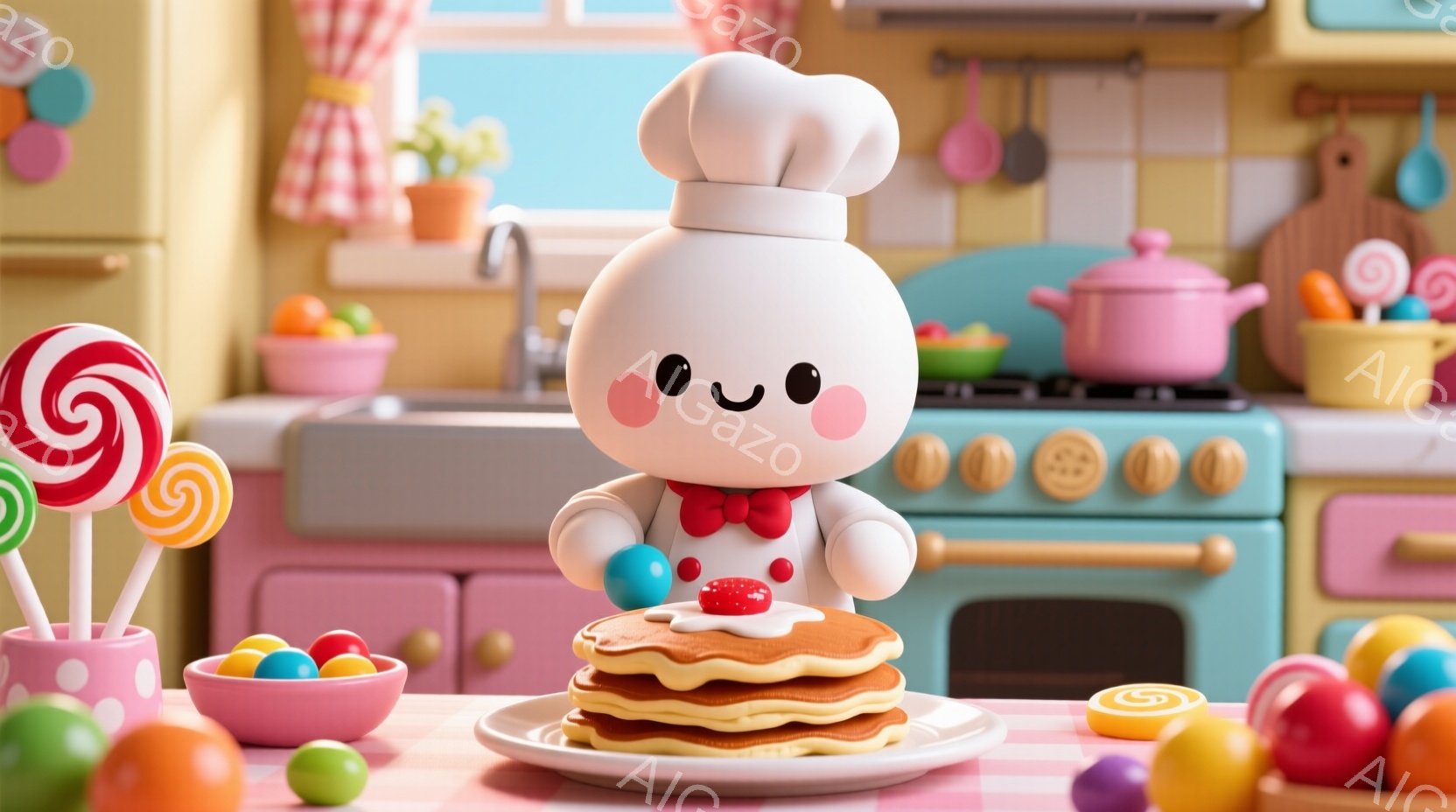 かわいいキャラクターがパンケーキの山の上に立っており、コック帽と赤いリボンで飾られたユニフォームを着ています。背景はピンクと水色のキャビネット、調理器具が飾られた壁、そしてキャンディーやクッキーが散りばめられたテーブルで、まるで夢のようなお菓子の国のような雰囲気です。全体的にパステルカラーで柔らかく、甘くて楽しい気分にさせてくれます。