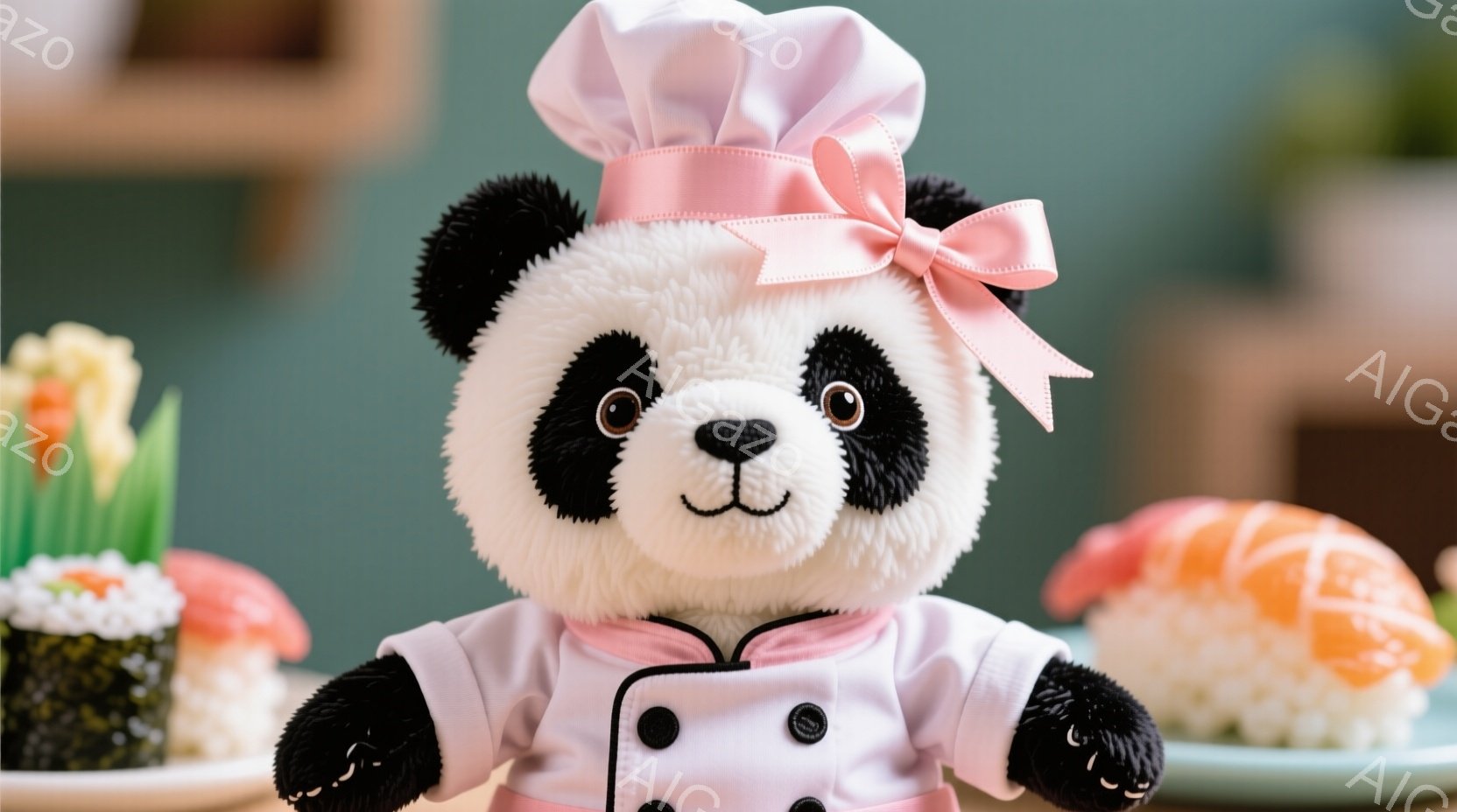 白黒のパンダのぬいぐるみは、コック帽とコックコートを着て、まるでシェフのようです。背景には寿司の盛り合わせが置かれ、寿司とパンダの組み合わせが可愛らしい雰囲気を醸し出しています。全体的に明るい色調で、お寿司屋さんや料理に関するイベントの広告に使われるような、親しみやすい印象を与えます。