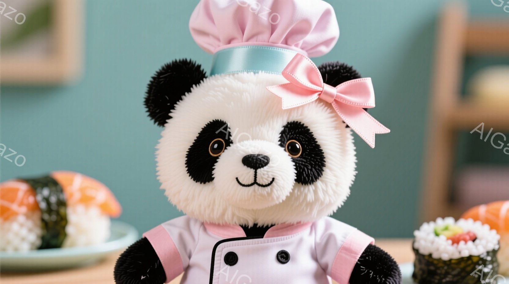 白と黒のパンダのぬいぐるみは、ピンクのリボンが付いた白いコック帽をかぶり、白いコックコートを着ています。 ぬいぐるみは正面を向き、柔らかな表情で、まるで料理を作っているかのようです。 背景には、寿司が - AI生成フリー素材