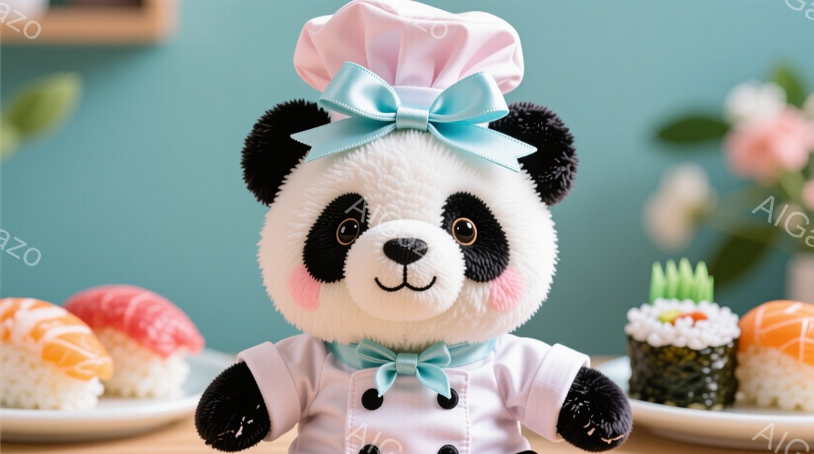 白黒のパンダのぬいぐるみは、白いコックコートとターコイズブルーのリボン付き帽子を身につけています。ほほは赤く、笑顔で、とても愛らしい表情をしています。背景には寿司が並べられ、ピンクの花がぼんやりと見え、全体的に暖かく、楽しい雰囲気が漂っています。