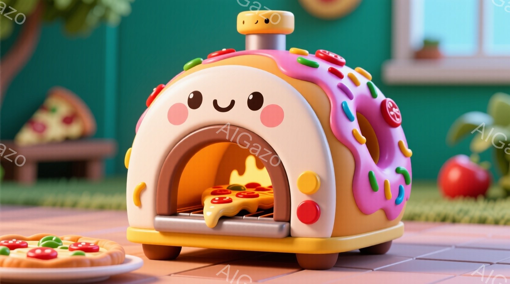 可愛らしいアニメ風のピザ窯が描かれています。窯はクリーム色を基調とし、カラフルなトッピングが散りばめられており、まるでケーキのようです。窯の中には焼ける途中のピザがオレンジ色の炎と共に映り、その横にはすでにカットされたピザのピースが置かれています。