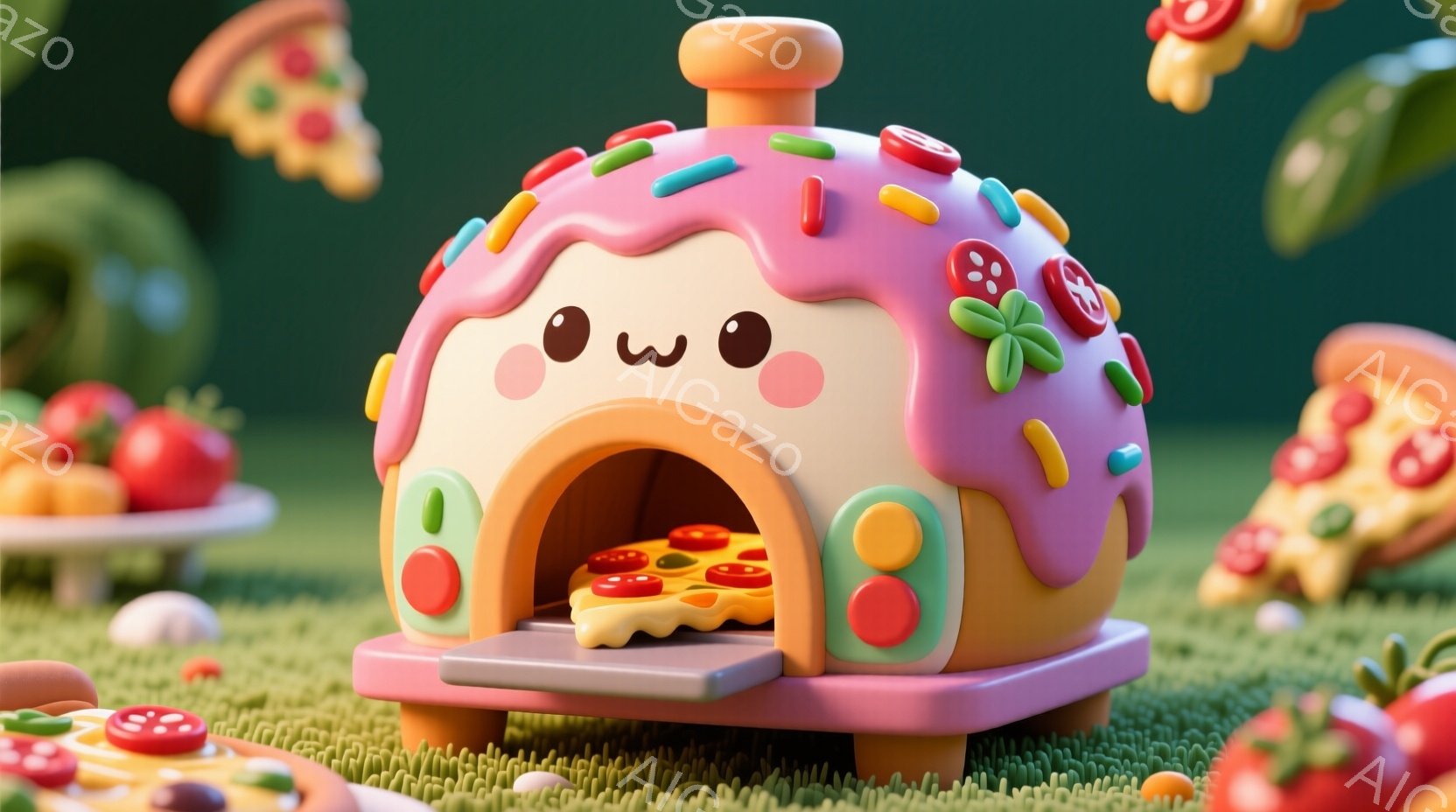 ピンク色の可愛らしいピザ窯が緑の芝生の上に置かれています。窯にはピザが焼き上げられており、周囲には飛び散るピザのスライスと、イチゴやトマトが乗った小さな皿が散りばめられています。全体的にパステルカラーで、陽気で遊び心のある雰囲気が漂っています。