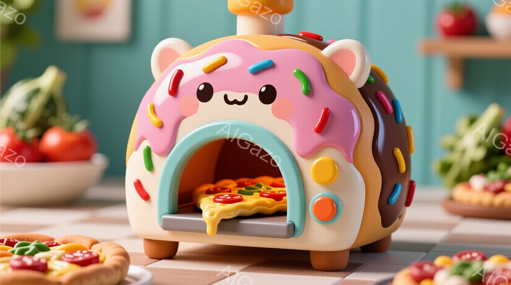 カラフルなドーナツを模したおもちゃのピザ窯です。窯はクリーム色をベースに、カラフルなスプリンクルと、黄色、オレンジ、ピンクの装飾が施され、可愛らしい表情の顔がついています。窯の中には溶けて伸びるチーズが乗った小さなピザが置かれ、背景にはミニピザとトマト、緑色の葉っぱが見えます。