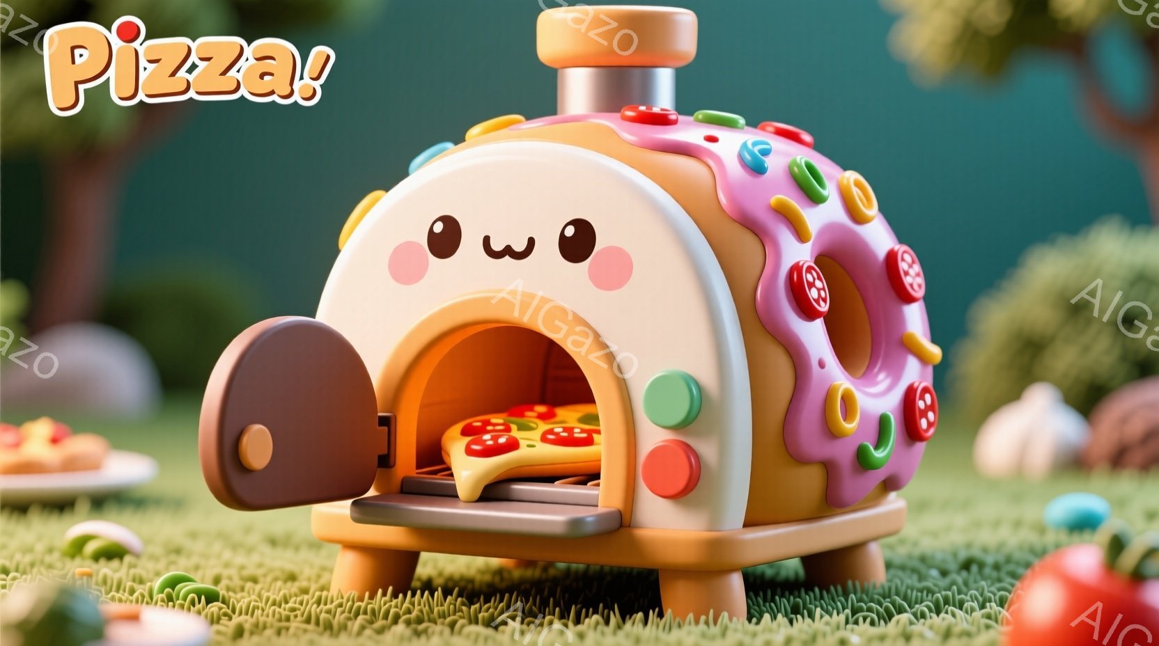 これは可愛らしいドーナツ型のオーブンで、開いた扉からは焼けたピザが覗いています。緑色の芝生の上に置かれ、周りにはカラフルなキャンディのようなものが散らばり、背景にはぼやけた木々が見えます。全体的に明る - AI生成フリー素材