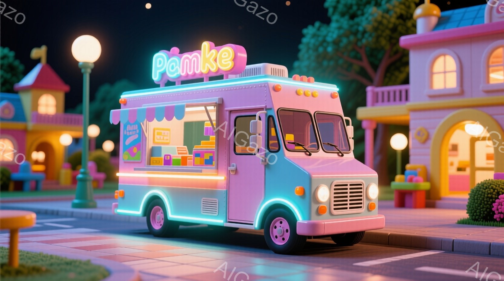 明るいピンクと水色のフードトラックが、夜の街並みを照らしています。トラックの上には「Pamke」というネオンサインがあり、可愛らしいイラストが描かれたメニューが並んでいます。背景には、パステルカラーの建物と街灯が並び、夢のような、活気のある雰囲気を醸し出しています。