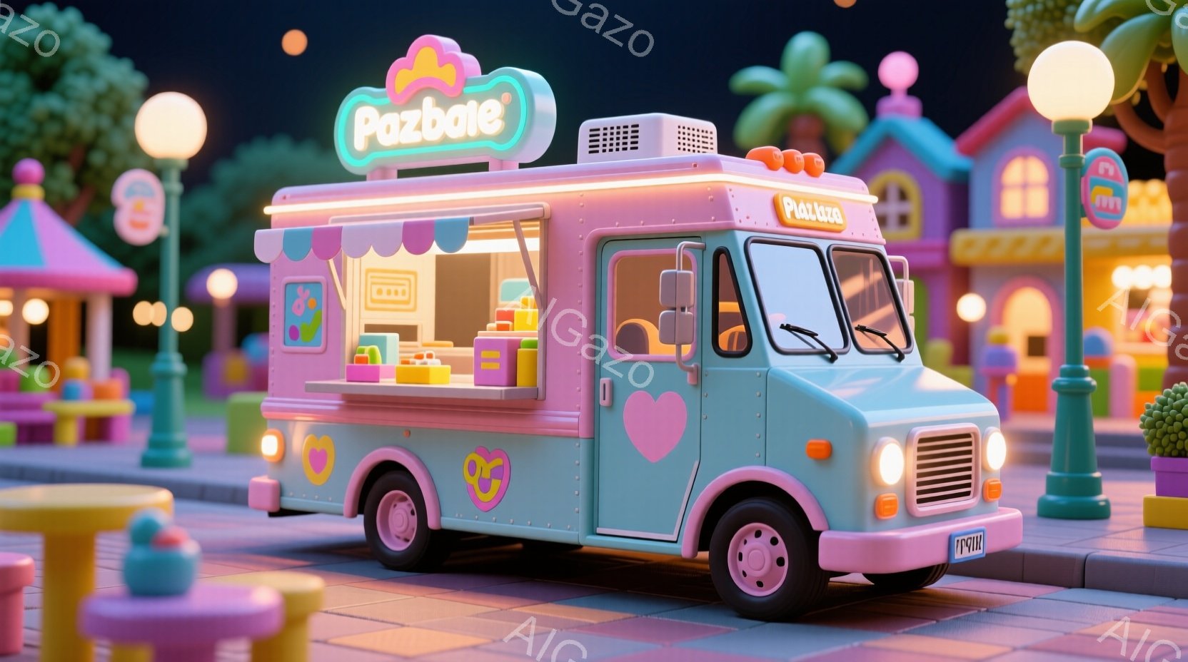 明るいパステルカラーのフードトラックが、夜の街並みを照らしています。トラックは水色とピンク色で装飾され、「Pazztz」と書かれた看板が目印です。背景には、カラフルな建物や街灯が並び、まるで夢のような雰囲気を醸し出しています。
