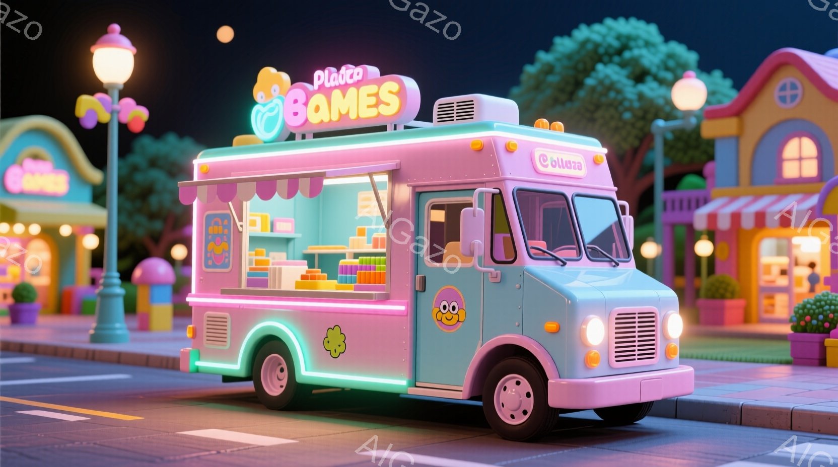 明るいパステルブルーのフードトラックが、夜の街並みに佇んでいます。トラックにはカラフルなドーナツやケーキが並び、可愛らしいキャラクターのロゴが描かれています。背景には、パステルカラーの建物や街灯が並び - AI生成フリー素材