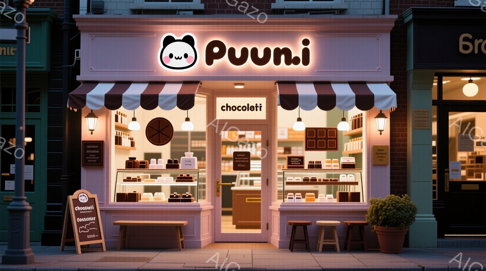 可愛らしいチョコレート店「PuuN」の外観を描いています。ショーウィンドウには様々なチョコレート菓子が並び、店の前には小さなテーブルと椅子が置かれています。背景には他の店舗が見え、夜の街並みがライトア - AI生成フリー素材