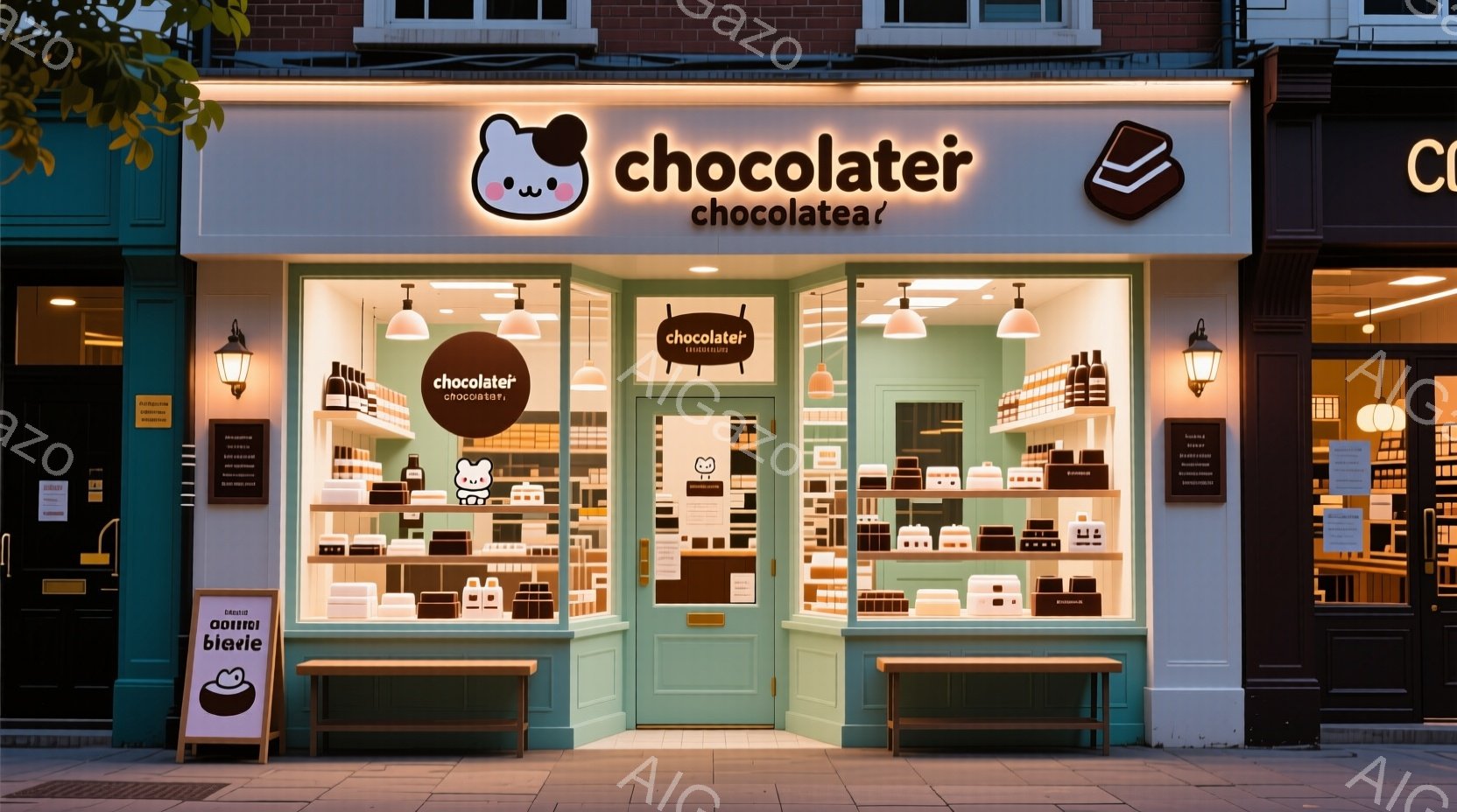 ショコラティエの店が写っており、緑色の外観に可愛らしいクマのロゴが目につきます。店の中にはチョコレートがずらりと並び、ショーケースと棚でいっぱいになっています。歩道には立て看板があり、店全体の雰囲気は暖かく、親しみやすい印象を与えます。