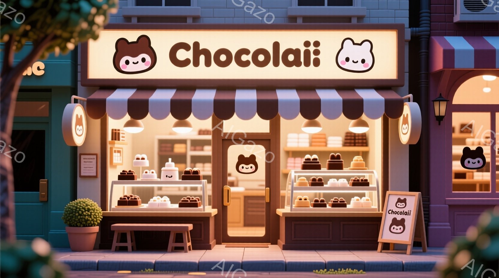 画像は可愛らしい洋菓子店「Chocolai」の外観を表しています。ピンクと白を基調とした可愛らしい装飾が施されており、ショーケースには様々なチョコレートケーキが並んでいます。背景には他の建物や緑豊かな植物が見え、暖かく親しみやすい雰囲気が漂っています。