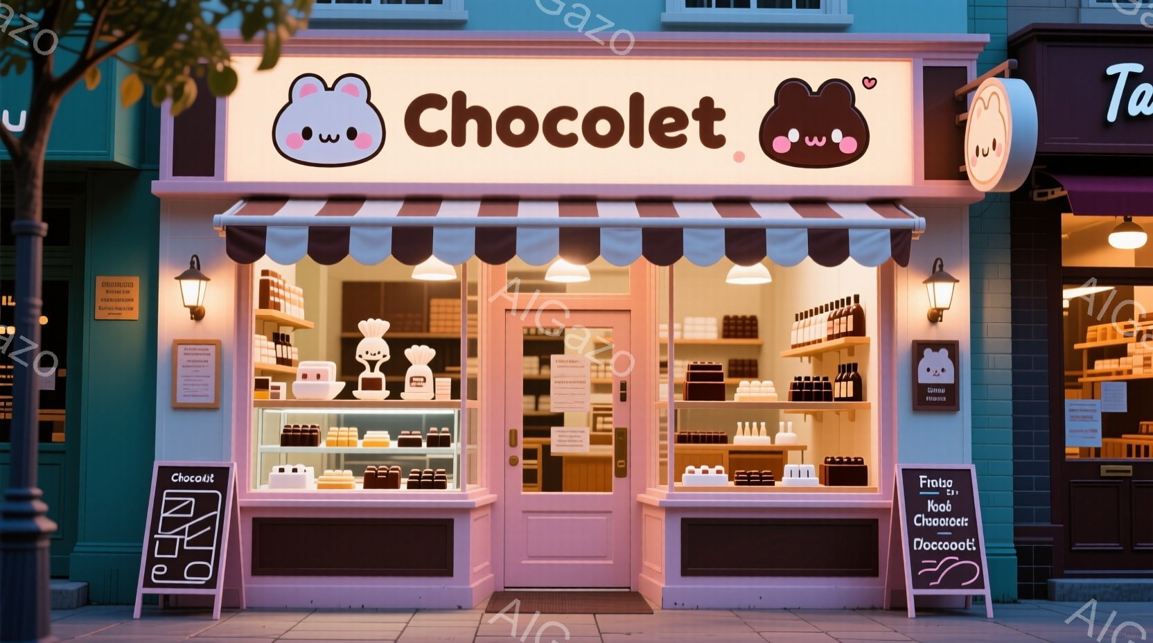 ショコラ色の看板と可愛らしいクマのイラストが特徴的なお店です。ショーウィンドウには様々なクマの形をしたチョコレートが並べられ、温かい光が店内に溢れています。背景には他の建物が見え、穏やかな夜の雰囲気を感じさせます。