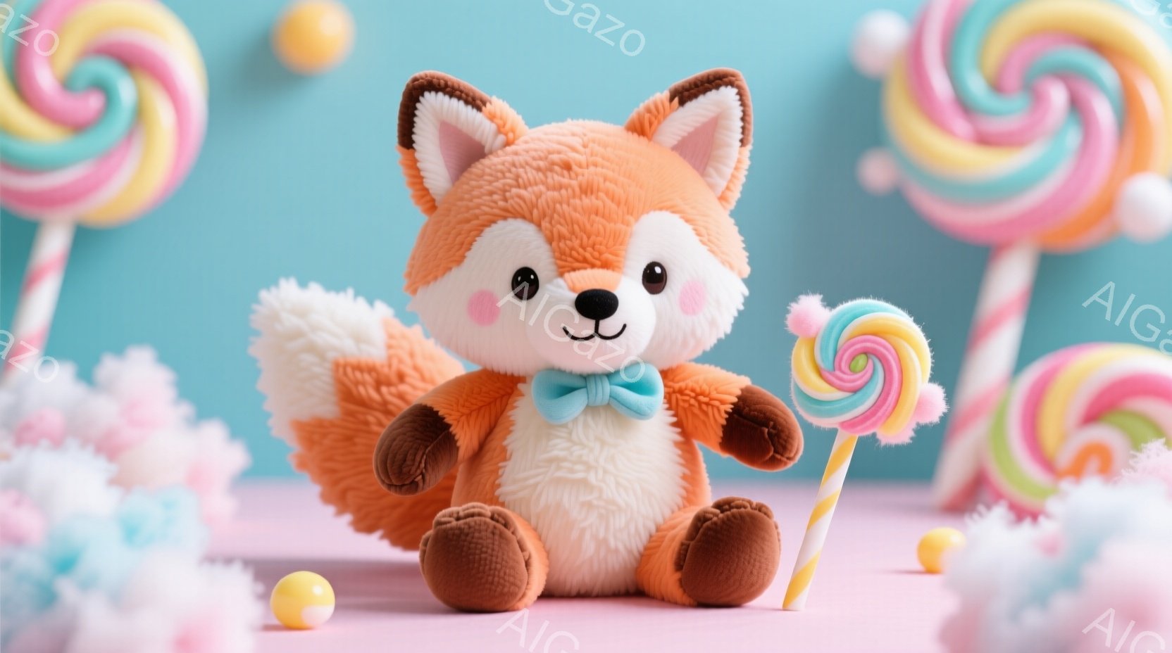 ふわふわのオレンジ色のキツネのぬいぐるみは、ターコイズブルーの背景に座っており、茶色の足とふわふわの尻尾が特徴です。首には水色のリボンが付いており、片手にピンクと黄色のキャンディーを持っています。背景には様々な色のキャンディーや綿菓子のようなものが配置され、全体的に甘くて可愛らしい雰囲気を醸し出しています。