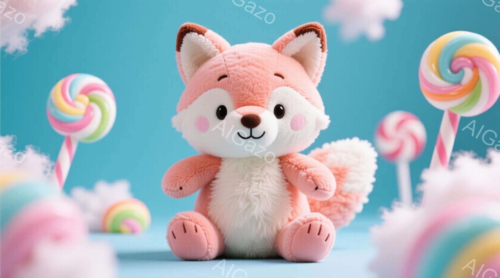 鮮やかな水色の背景に、ふわふわのピンク色のキツネのぬいぐるみのおもちゃが座っています。キツネは白いお腹と足、そして愛らしい表情をしており、周囲にはキャンディーのような色とりどりの装飾が浮かんでいます。 - AI生成フリー素材
