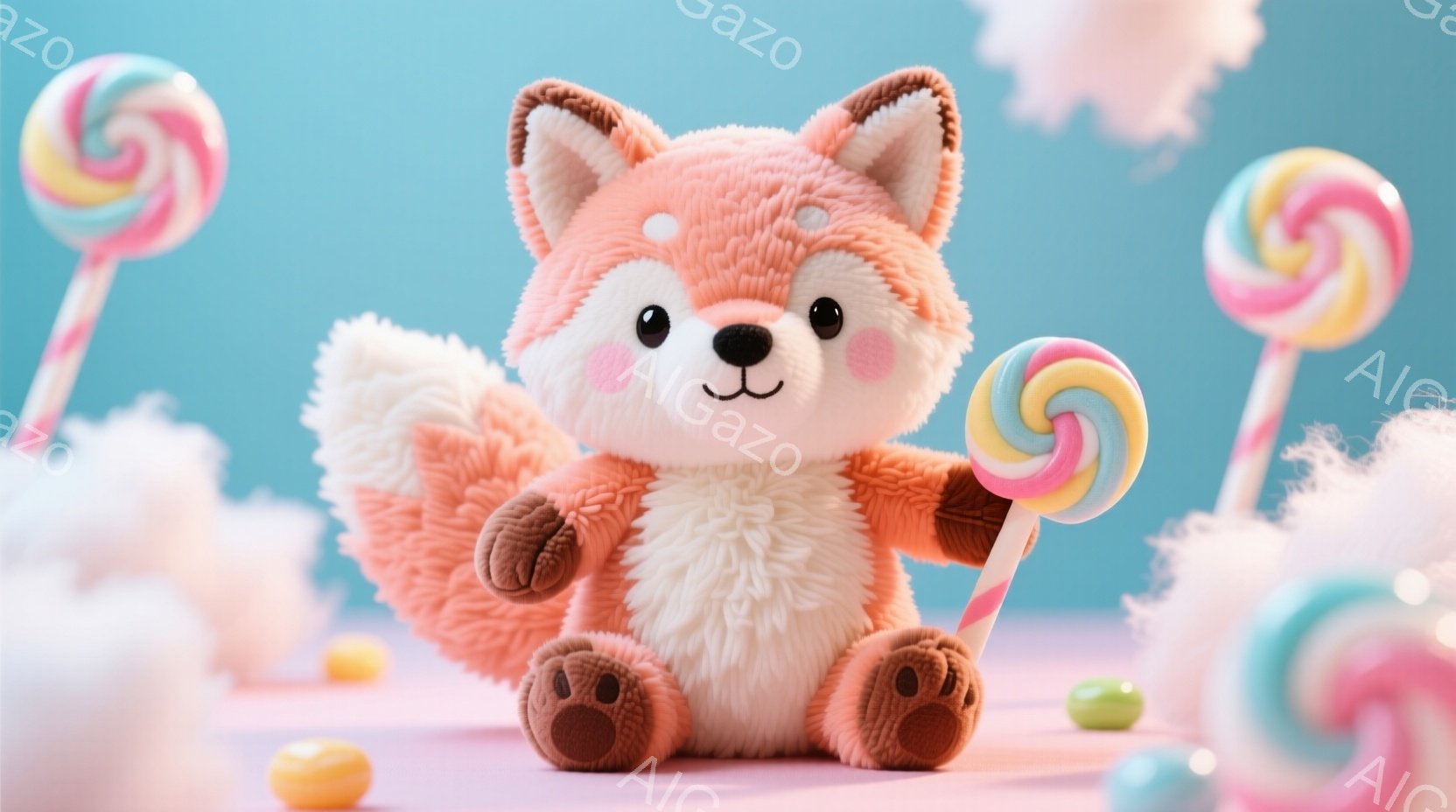 ふわふわのオレンジ色のキツネのぬいぐるみは、大きなキャンディを手に持っています。ピンク色の背景に、ふわふわの雲のようなものが散りばめられ、キャンディが数個置かれています。全体的に甘くて可愛らしい雰囲気 - AI生成フリー素材