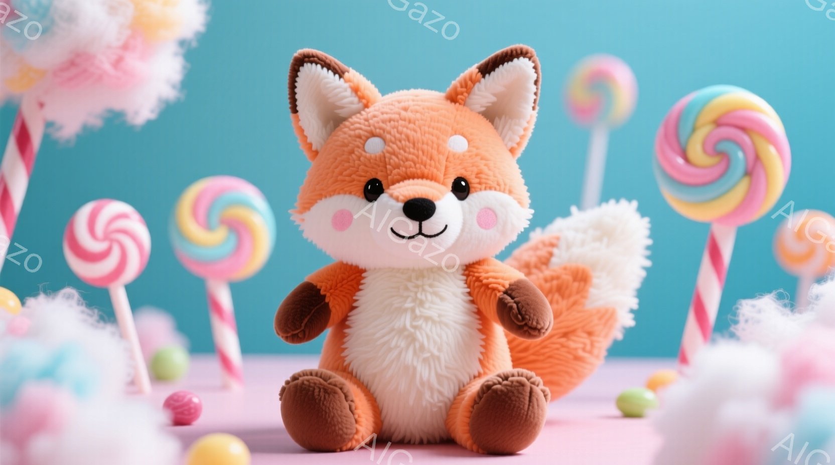 ふわふわのオレンジ色のキツネのぬいぐるみは、ピンク色の背景に座っています。周囲にはカラフルなキャンディーや綿菓子があり、お祝いや楽しい雰囲気を醸し出しています。キツネは丸い目と小さな鼻で愛らしく、明るく楽しい気分にさせてくれます。
