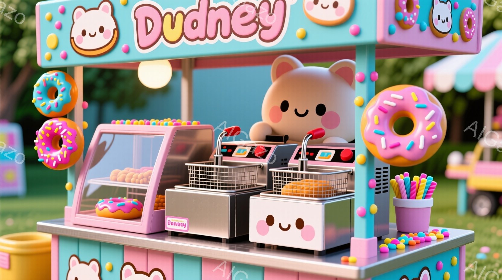 明るいピンクと水色のドーナツ屋台が描かれており、カラフルなドーナツやフライドポテトが並べられています。屋台には「Dudney」というロゴがあり、可愛らしいキャラクターが装飾されています。背景にはぼやけ - AI生成フリー素材