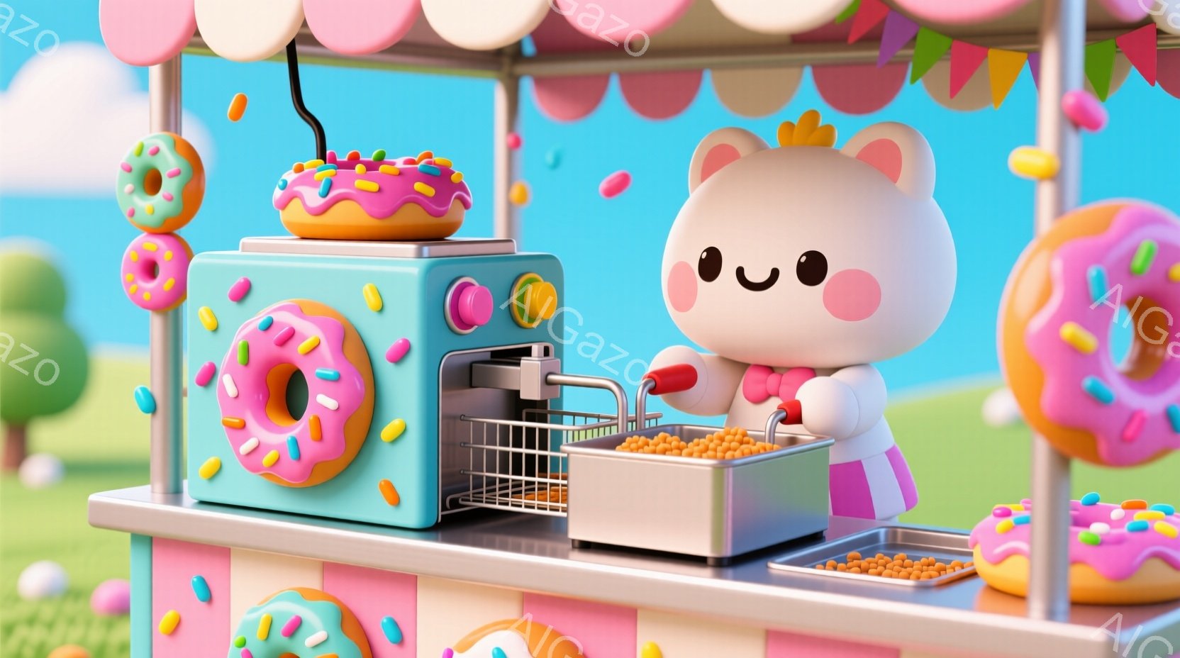 ターコイズブルーのドーナツ屋台で、ピンクのバンダナとリボンをつけた白いウサギのキャラクターが、オレンジ色のドーナツを揚げています。背景には、カラフルなドーナツと緑の芝生、そしてパステルカラーの建物があ - AI生成フリー素材