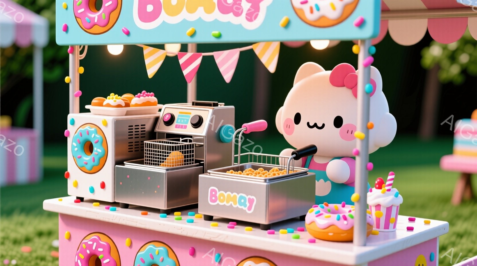 明るい緑の芝生の上には、ドーナツを売るための可愛らしいピンクと水色の屋台があります。ドーナツの形をした装飾や、揚げ物器、ドーナツが並べられており、まるで本物のドーナツ屋さんです。屋台の奥には、ピンク色の丸い顔をしたキャラクターが立っており、幸せそうな笑顔を浮かべています。
