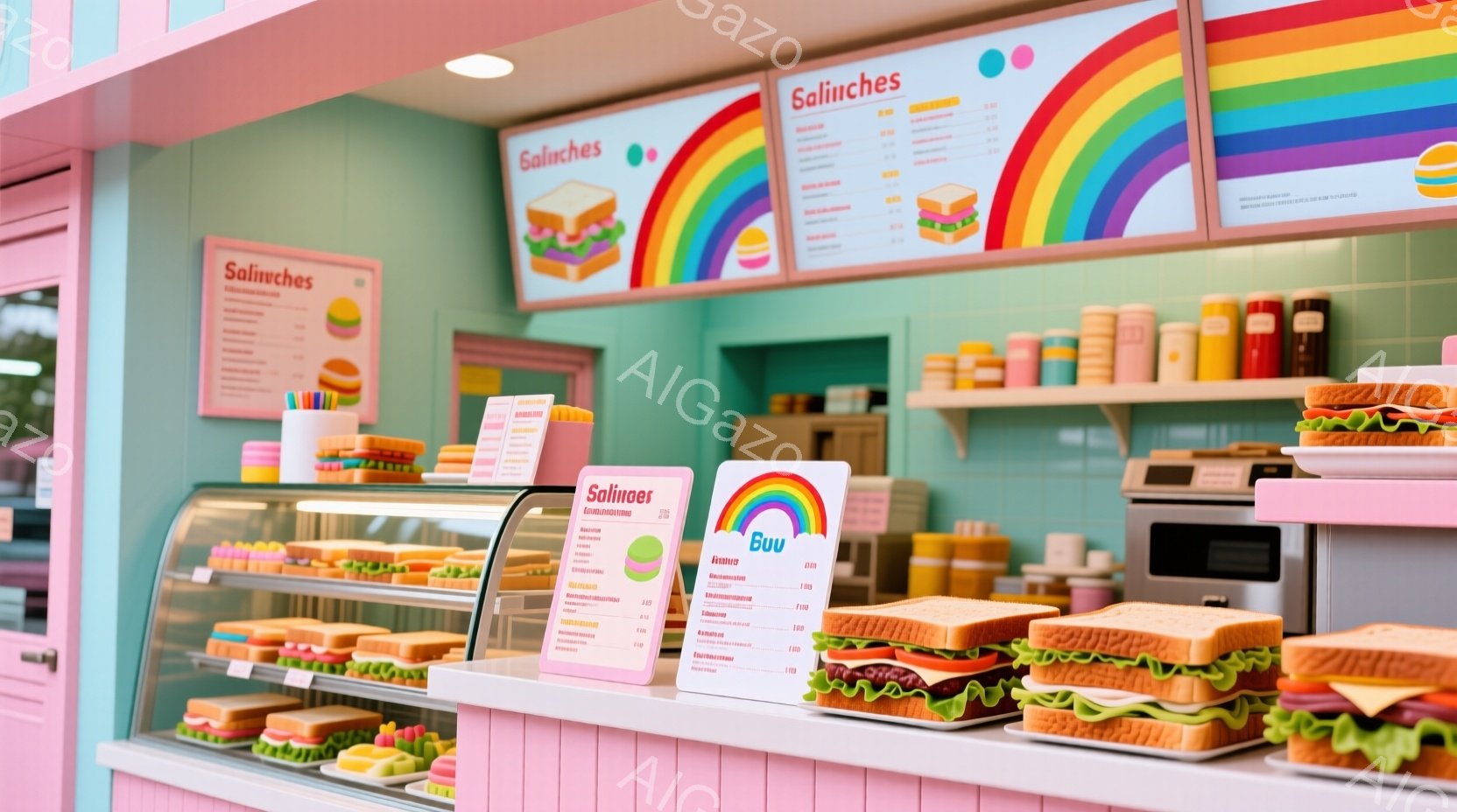 パステルピンクとターコイズブルーのカラフルなサンドイッチ店内部です。カウンターには、色とりどりのサンドイッチが並び、メニューボードにはサンドイッチの種類と価格が書かれています。全体的に明るく、ポップで楽しい雰囲気が漂っています。