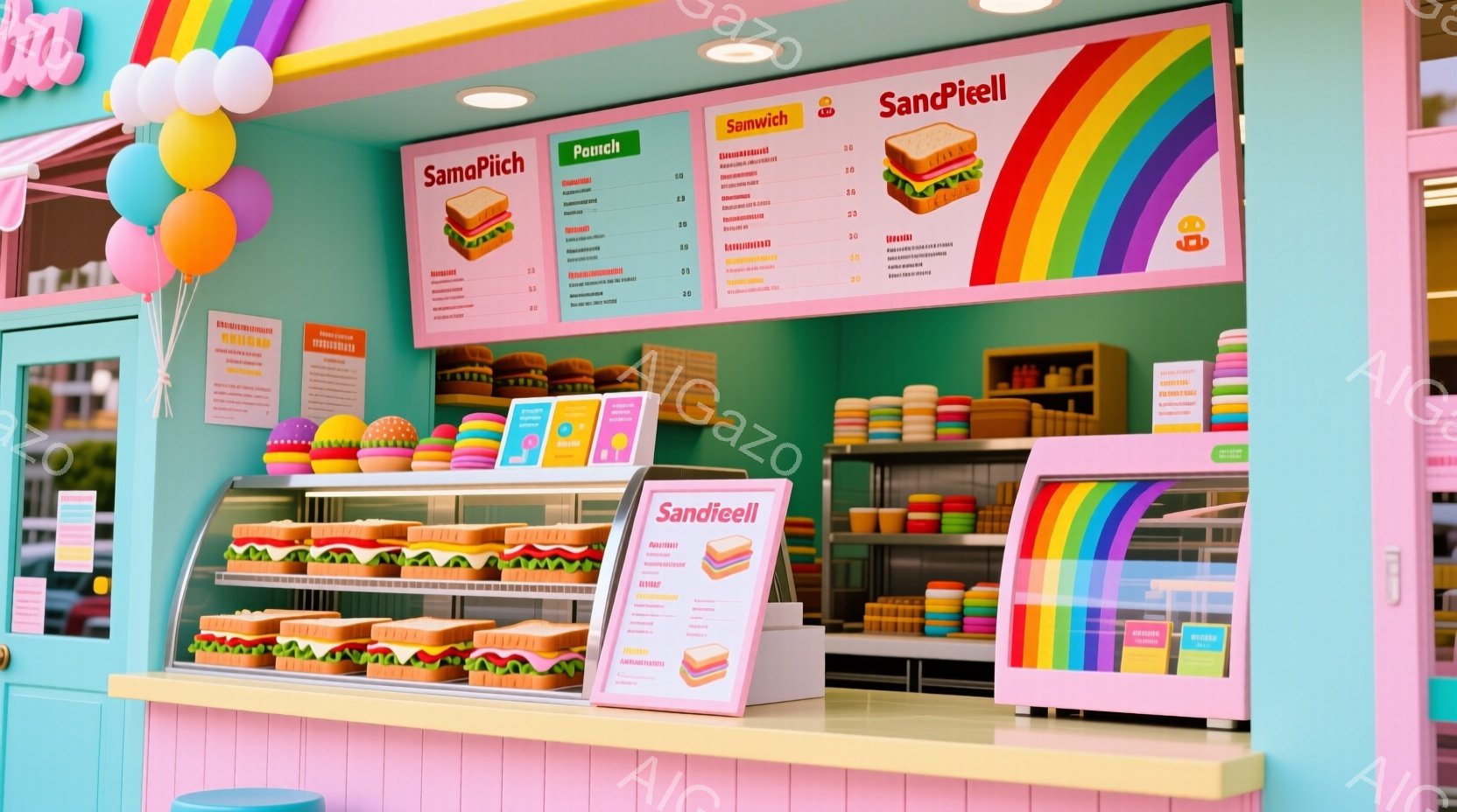 鮮やかなピンクとターコイズブルーのカラフルなフードトラックが写っています。カウンターには、ハンバーガーやサンドイッチを模したカラフルなマカロンが並べられ、その上にメニューが表示されています。全体的にポップで遊び心のある雰囲気で、楽しげなデザートショップを連想させます。