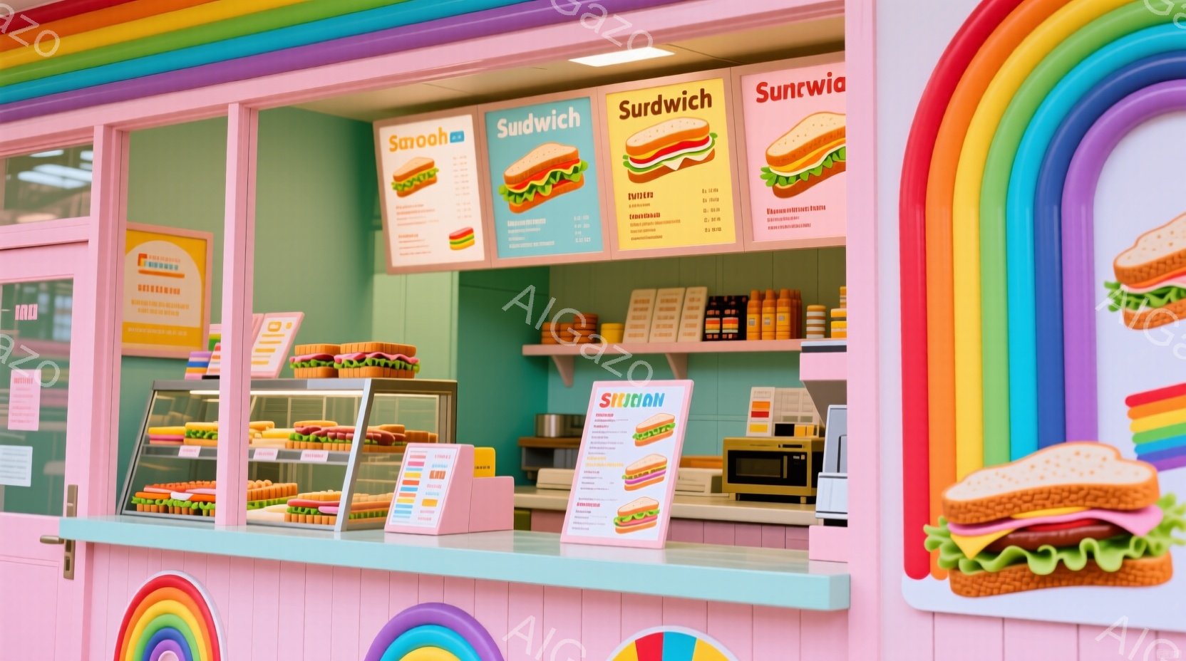 明るいピンク色の背景に、サンドイッチのカウンターが写っています。カウンターには様々な種類のサンドイッチが並べられ、メニューにはサンドイッチの写真と値段が書かれています。全体的にカラフルでポップな雰囲気で、虹色の装飾がアクセントになっています。
