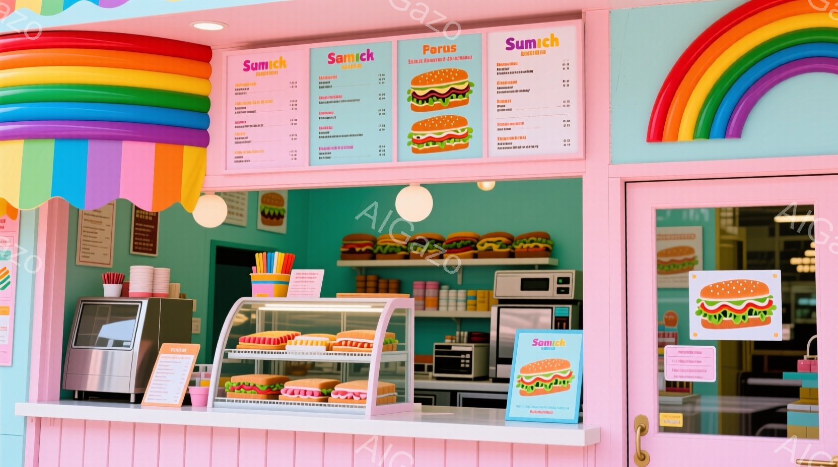 ピンクと水色のストライプが特徴的なハンバーガーショップのカウンターが写っています。カウンターには様々なハンバーガーのイラストが描かれたメニューが掲示され、商品が並んでいます。全体的に明るくポップな雰囲 - AI生成フリー素材