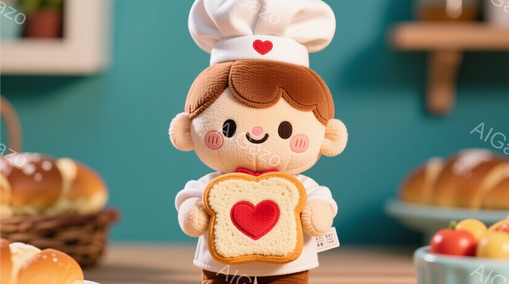 ふわふわの茶色の髪をしたぬいぐるみのようなキャラクターが、白いコック帽をかぶり、片手にハート型の切り絵がされたトーストを持っています。背景には、焼きたてのパンや果物が盛られたお皿が見え、明るく温かい雰囲気です。全体的に可愛らしい色彩と、キャラクターの優しい表情が印象的です。