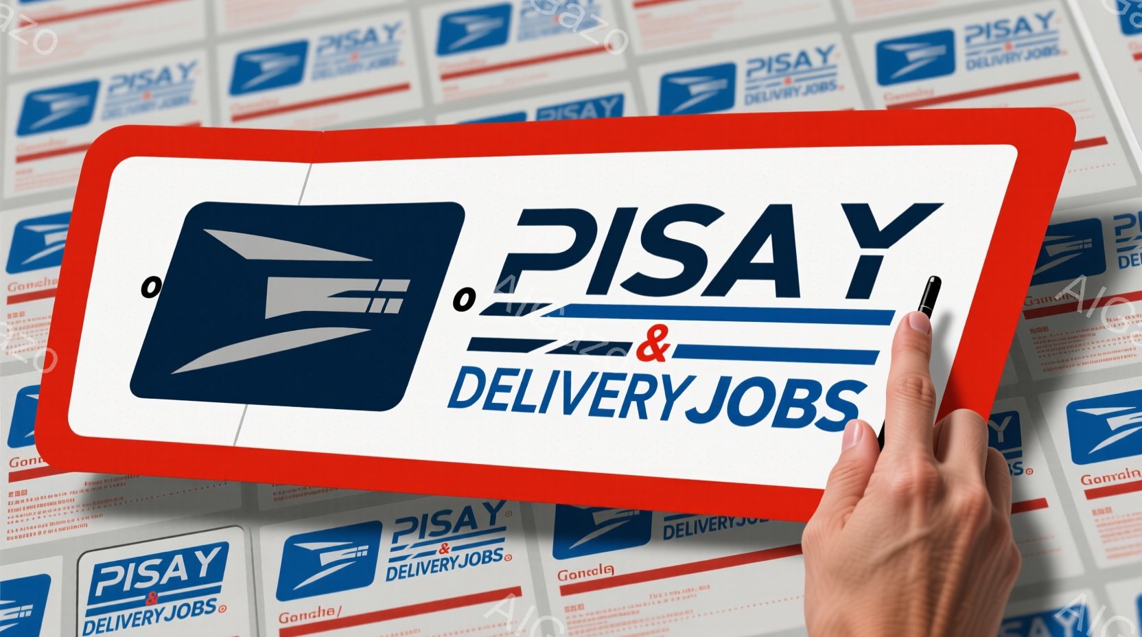 鮮やかな赤色の背景に、大きな「PISAY & DELIVERYJOBS」という文字が描かれた看板が、一本の腕によって掲げられています。背景には、同じデザインの看板が何枚も重なり、規則的なパターンを作り出しています。腕は手袋を着用しており、全体的にプロモーションや広告を想起させる、クリーンで明るい印象を与えます。