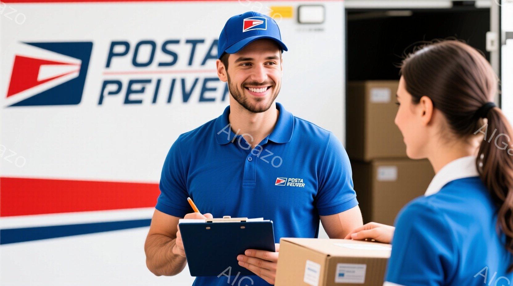 青い制服を着た男性配達員が、クリップボードとペンを持ち、笑顔で女性に何かを渡そうとしています。女性は青い服を着ており、男性から受け取るために身を乗り出しています。背景には段ボール箱が積み重ねられており、配達業務が行われている様子が伺えます。