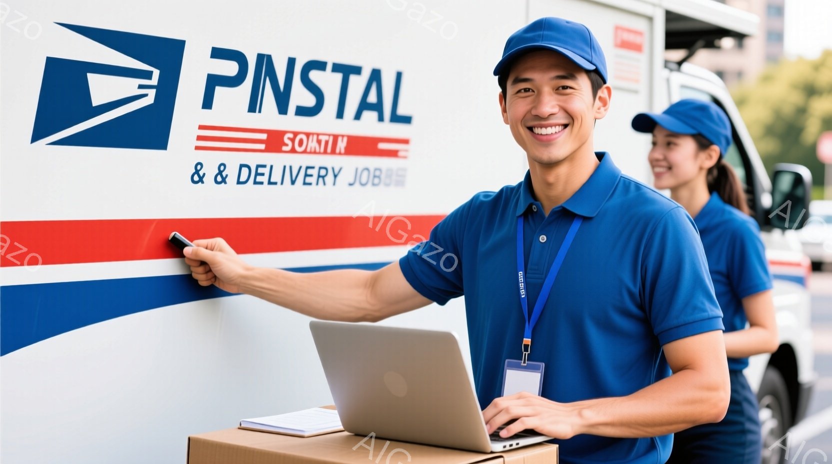 鮮やかな青い制服を着た男性が、ノートパソコンの前に立って笑顔で指を伸ばしています。彼の後ろには、同じ制服を着た女性が立っており、背景には白い配送車とぼやけた建物が見えます。全体的に、明るくポジティブな雰囲気で、配達サービスのプロフェッショナルなイメージを伝えています。