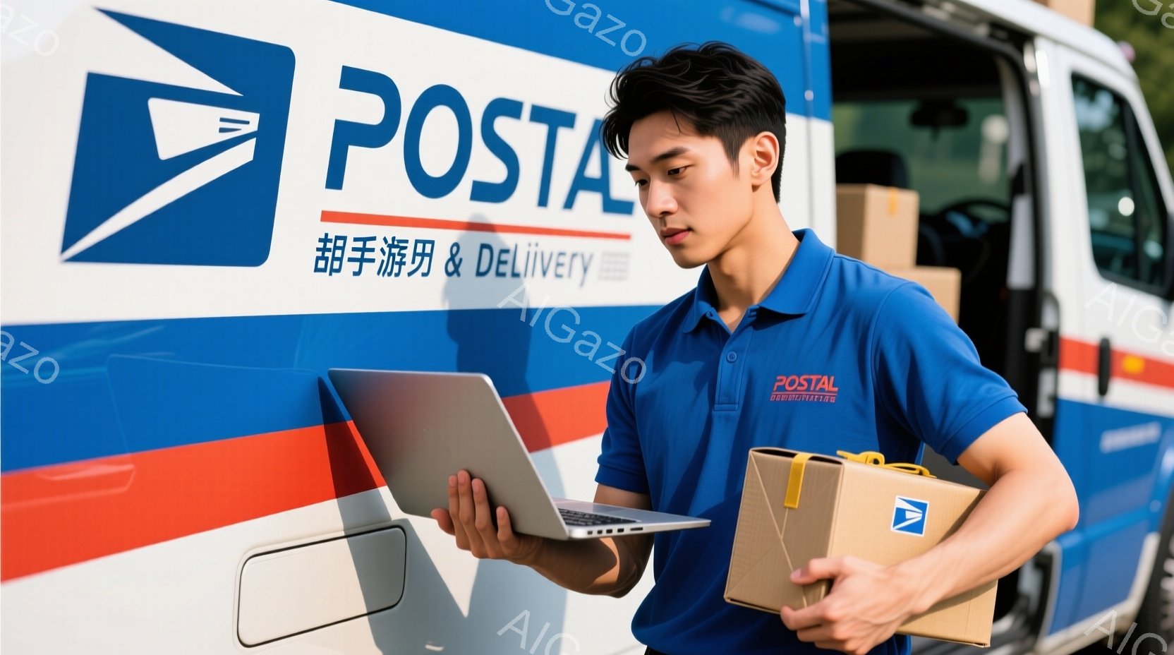 鮮やかな青色の制服を着た若い男性が、ノートパソコンを見ながら段ボール箱を抱えています。彼は真剣な表情で、仕事に集中しているようです。背景には青と白の配送車両があり、晴れた日の屋外で、配達業務をしている様子が伺えます。