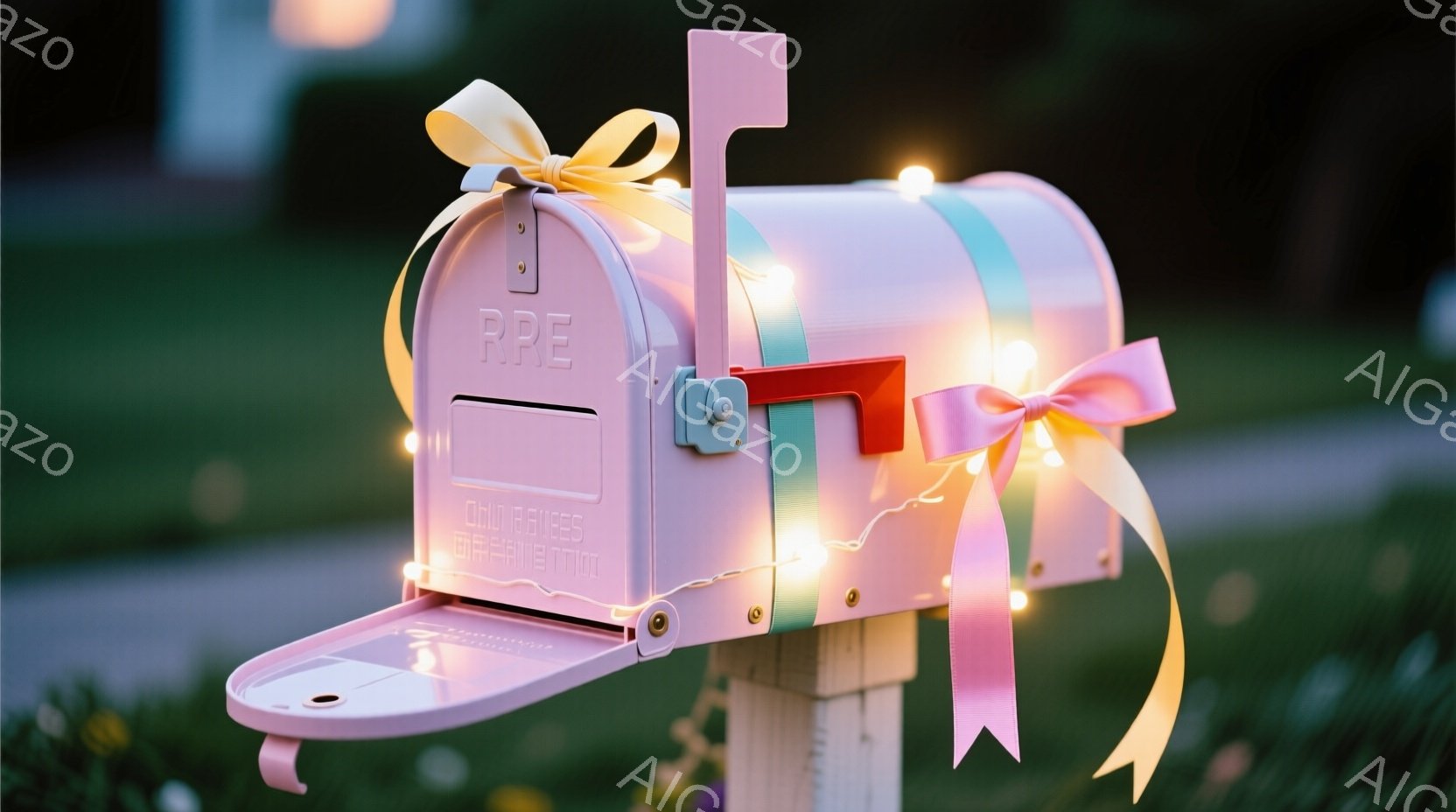淡いピンク色の郵便受けが、緑の芝生の上に設置されています。郵便受けには、リボンが結ばれており、小さな電飾が周囲を彩っています。背景にはぼやけた建物と木々が見え、穏やかで夢幻的な雰囲気が漂っています。 - AI生成フリー素材