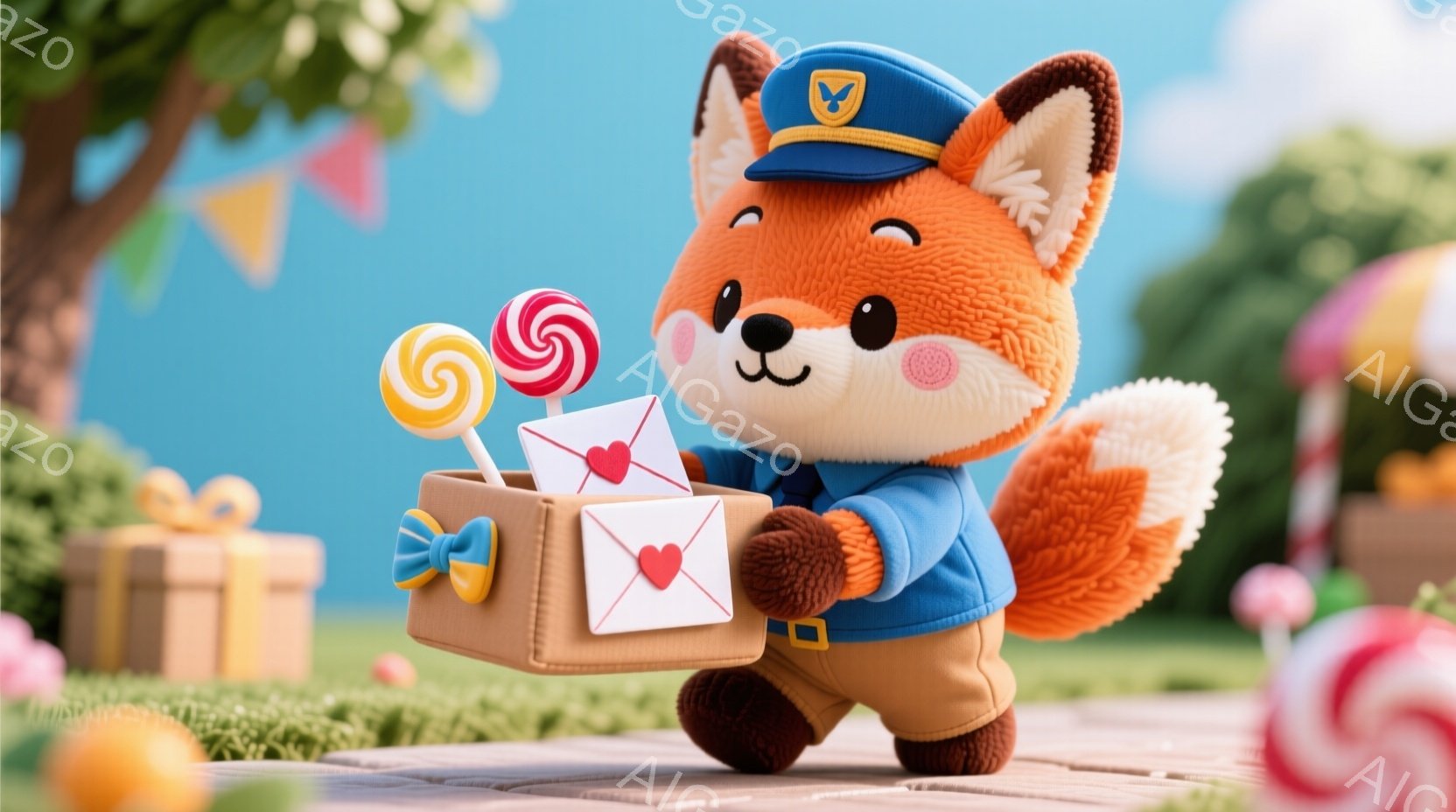 ふわふわのオレンジ色のキツネが青い制服を着て、手には手紙とキャンディーが入った箱を持っています。キツネは可愛らしい表情で、少し前かがみの姿勢で何かを届けようとしているようです。背景にはカラフルなキャンディーやプレゼント、そして緑豊かな自然が広がっており、明るく楽しい雰囲気が漂っています。
