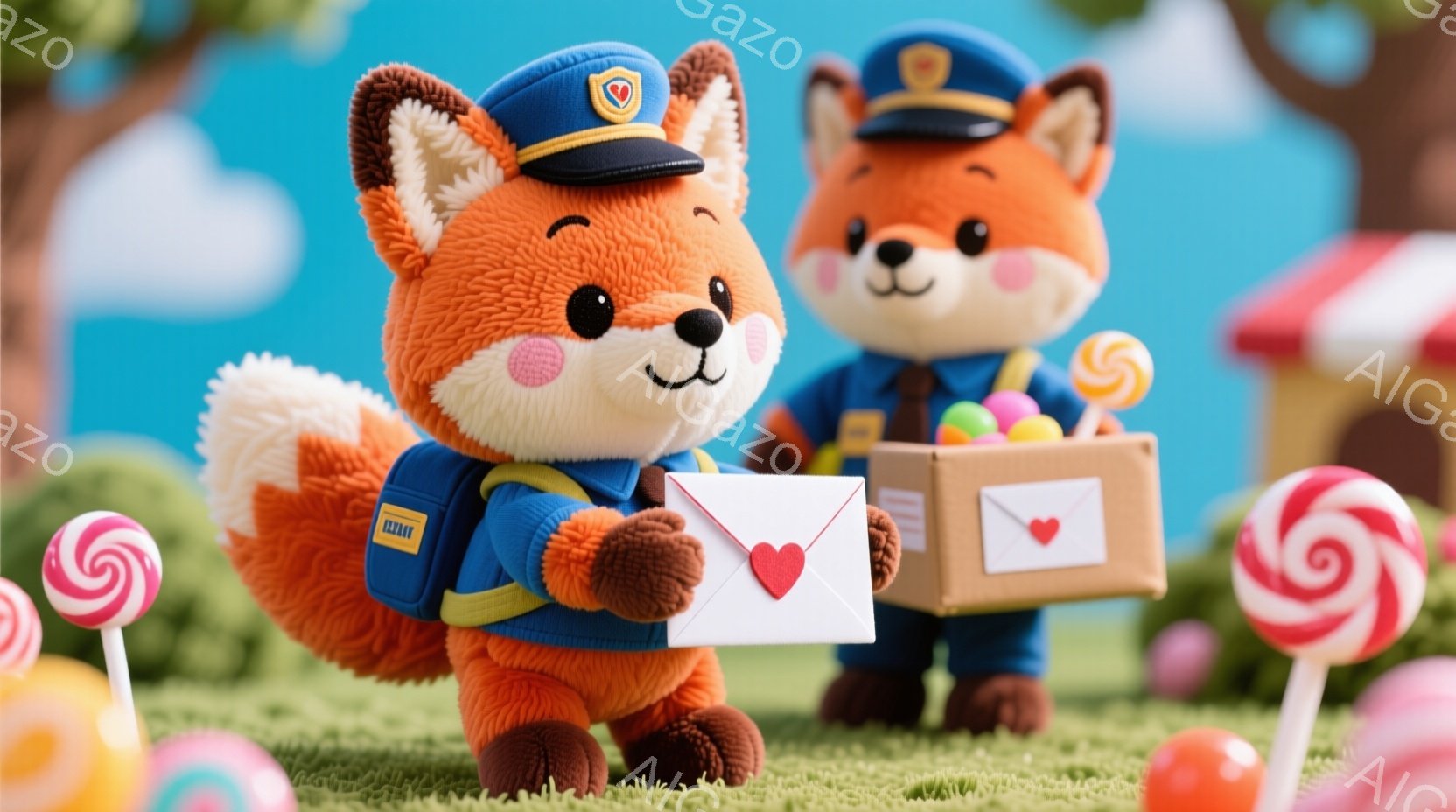 明るい緑の芝生の上に、郵便配達員のキツネが立っています。赤い毛並みに青い帽子と肩掛け鞄を身につけ、ハートが描かれた手紙を正面に向けて持っています。背景にはカラフルなキャンディと、可愛らしい家々が見え、 - AI生成フリー素材