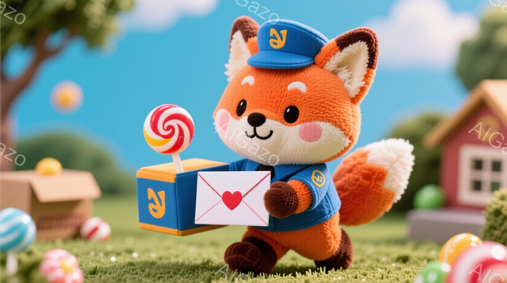 オレンジ色のふわふわしたキツネが郵便配達員の制服を着て、手に手紙と小さな郵便箱を持っています。背景には緑の芝生、カラフルなキャンディ、そして可愛らしい赤い家が見え、晴れた日の穏やかな雰囲気です。キツネ - AI生成フリー素材