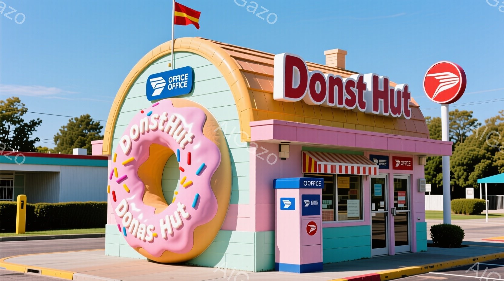 これは、巨大なドーナツの形をした建物で、アメリカの郵便局（USPS）の支店として機能しています。建物は明るいピンク色とクリーム色で塗装されており、ドーナツのアイシングとカラフルなスプリンクルが特徴的です。青い空の下、太陽光が差し込み、建物脇には旗が立っており、全体的に明るく陽気な雰囲気です。