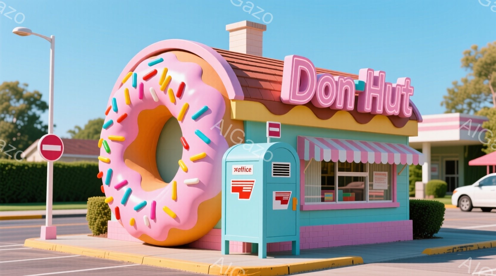 鮮やかなピンク色のドーナツが大きな看板として建物の前に置かれ、まるでドーナツ屋の入り口を飾っているかのようだ。建物は水色とピンクのストライプが特徴的で、ドーナツをテーマにした可愛らしい雰囲気を醸し出している。背景には緑豊かな木々や青空が広がり、晴れた日の穏やかな雰囲気を伝えている。