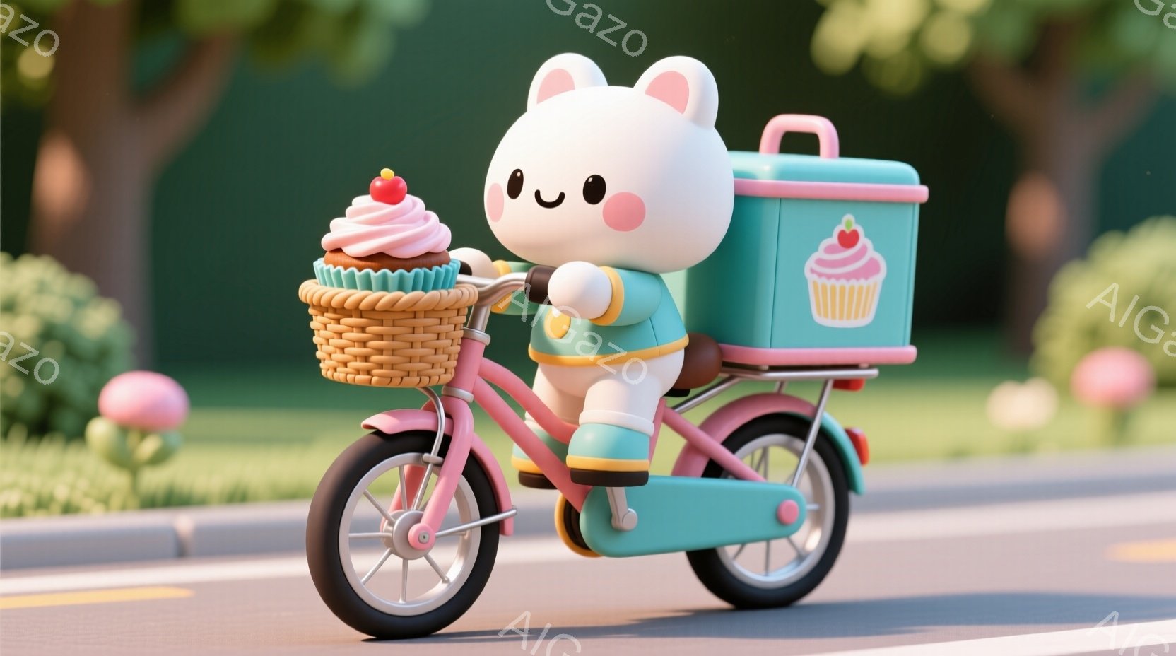 白いウサギのキャラクターが、ピンク色の自転車に乗って配達をしている様子が描かれています。ウサギは水色のベストを着ており、かごにはクリームとイチゴが乗ったカップケーキが入っています。背景には緑の芝生と木々が見え、晴れた日の穏やかな雰囲気が漂っています。