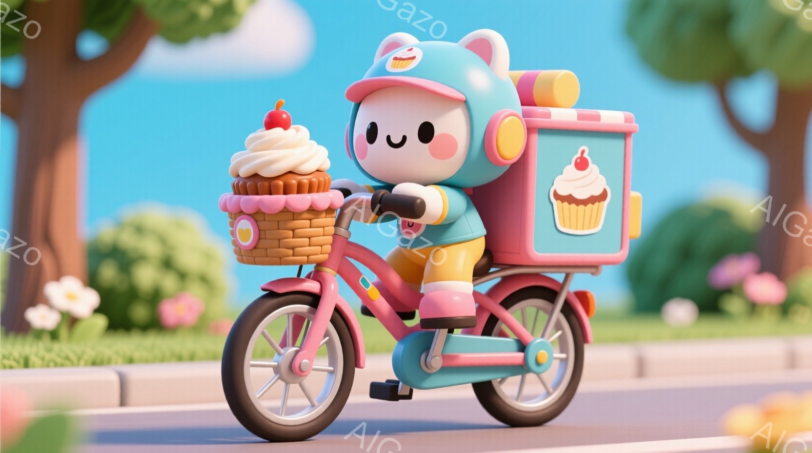 鮮やかなピンク色の自転車に乗った、可愛らしいクリーム色のキャラクターが描かれています。頭にはカップケーキが描かれた帽子を被り、明るい笑顔で前を見据えています。背景には緑豊かな木々と花々が咲き乱れ、穏や - AI生成フリー素材