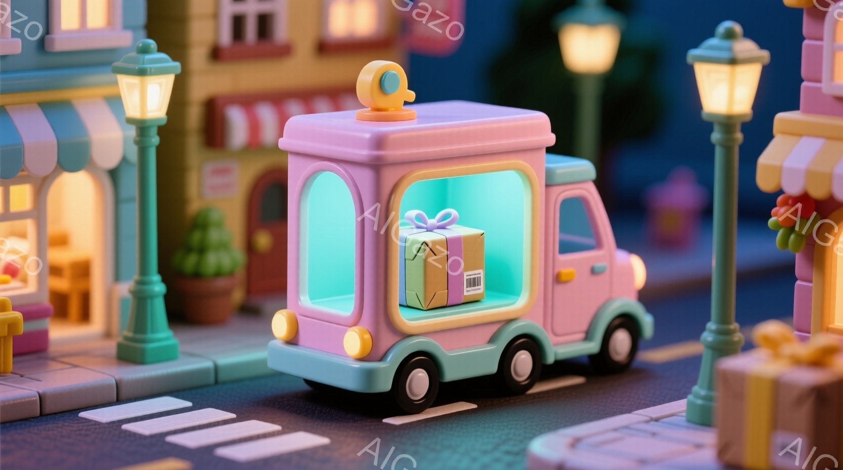 明るいピンク色の配達用バンが、レンガ造りの道を進んでいます。バンの中には、リボンで飾られた小さな箱が入っており、配達を待っている様子が伺えます。背景には、カラフルな建物、街灯、そして緑豊かな木々があり、全体的に温かく、夢のような雰囲気です。