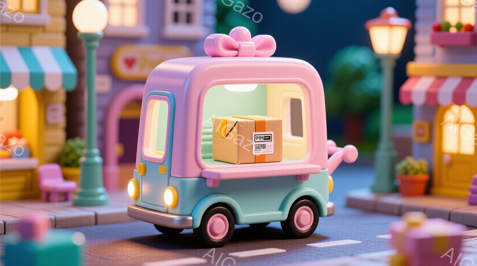 パステルカラーの可愛らしいミニカーが描かれています。車内には茶色の段ボール箱が積まれ、屋根にはピンクのリボンが飾られています。背景には、カラフルな建物や街灯、そして緑の植物が見え、全体的に温かく、夢のような雰囲気が漂っています。